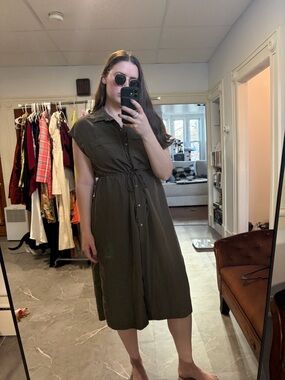 Old Navy Olive Green Button-Front Midi Dress